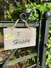 Bee Happy Wooden Garden Sign Hanging Plaque Notice Gift Love Nature Bumblebee4