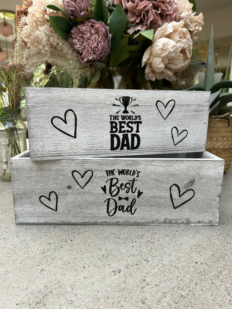 Worlds Best Dad Grey Gift Box Storage Wood Crate 2 Sizes Hamper Father Xmas3