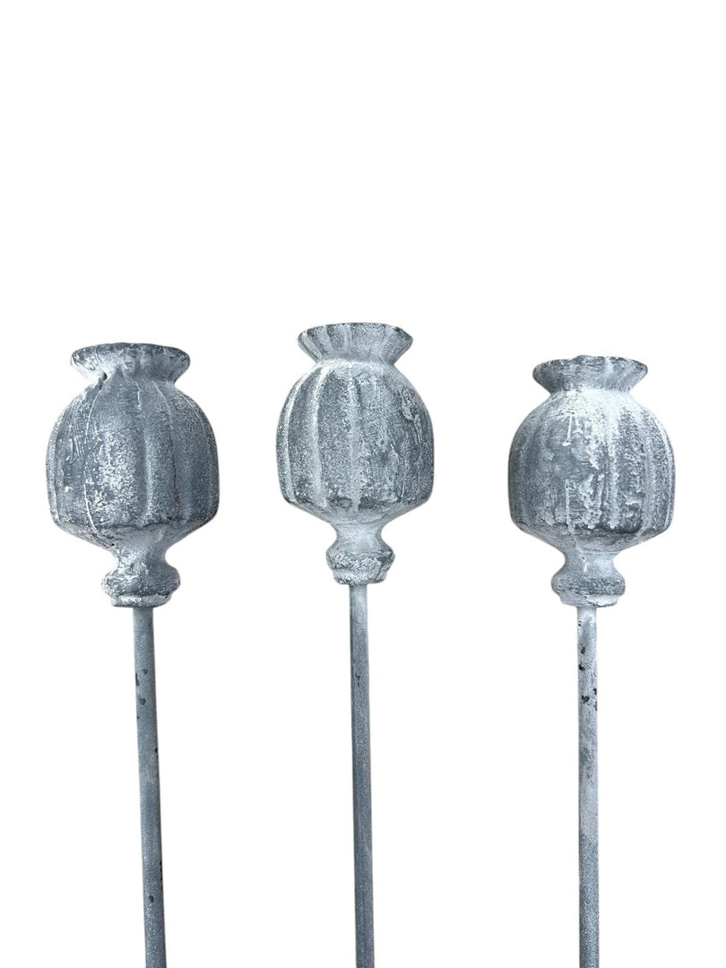 Set Of 3 Poppy Seed Heads Vintage Metal Ornament Garden Stake Outdoor Giftware9