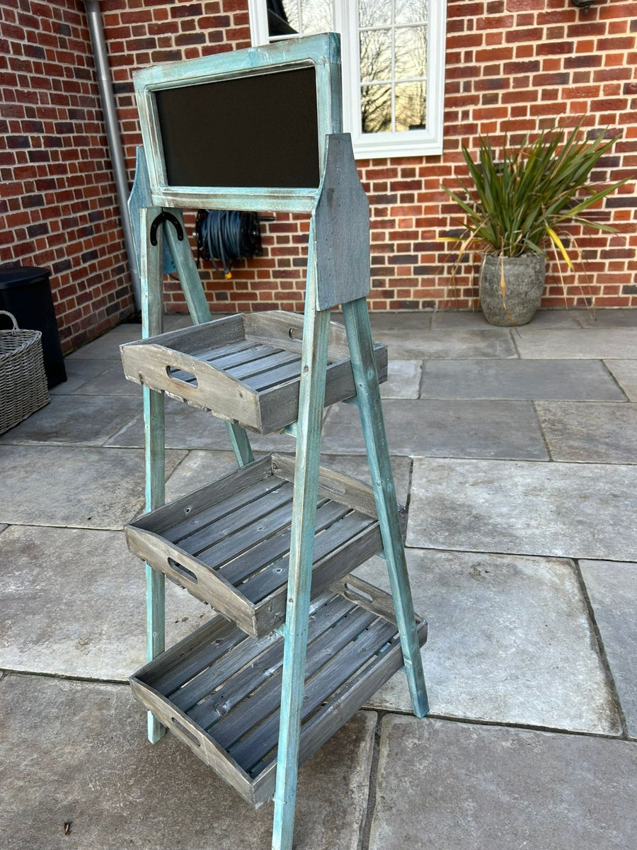Wooden 3 Tier Vegetable Plant Storage Rack Blue Chalkboard Rustic Disp ...