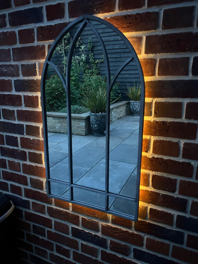 Dorchester XL Solar Powered Gothic Arch Garden Mirror LED Outdoor Wall Decor0