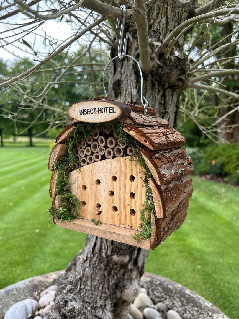 Small Wooden Insect Hotel Home Hanging Bug House with Bark Roof Garden Shelter4