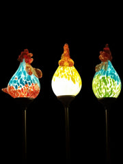 Set of 3 Solar Chicken Cockerel Lights Colourful Glass Garden Decor Stakes Gift20