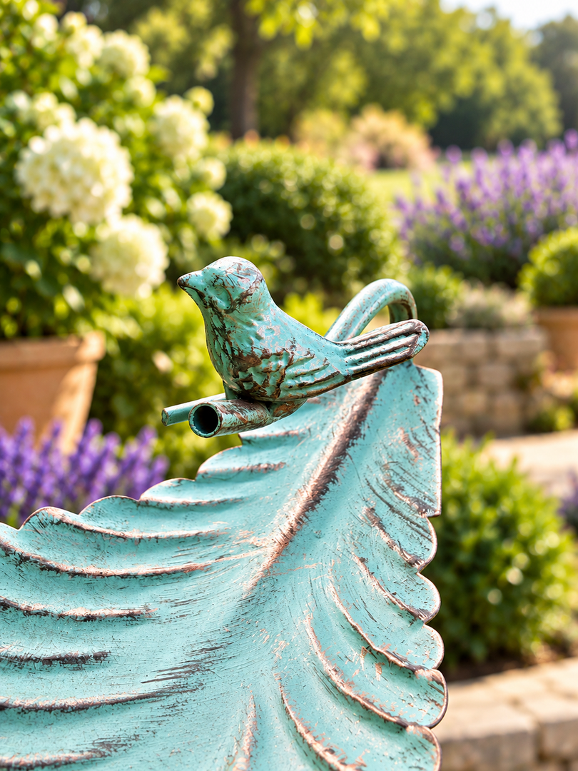 Vintage Style Verdigris Green Metal Bird Bath Feeder Leaf Design Garden Ornament5