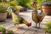 Decorative Metal Brown Hen & Cockerel Garden Statue Outdoor Lawn Ornament Pair0
