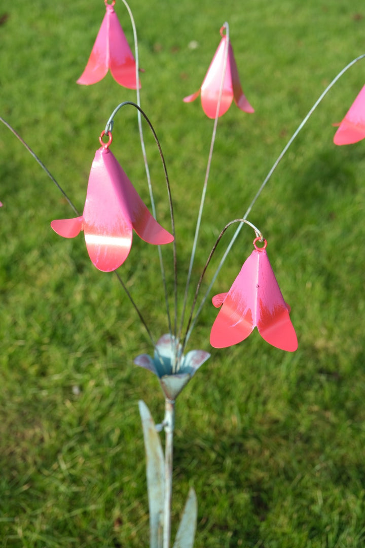Pink Metal Bell Flower Stake Verdigris Stem Garden Ornament Decor Gift Floral0
