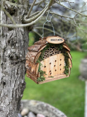 Small Wooden Insect Hotel Home Hanging Bug House with Bark Roof Garden Shelter0