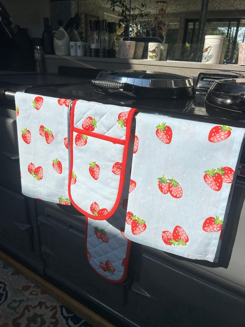 Summer Strawberry Blue Double Oven Glove Cooking Mitt Gloves 100% Cotton4