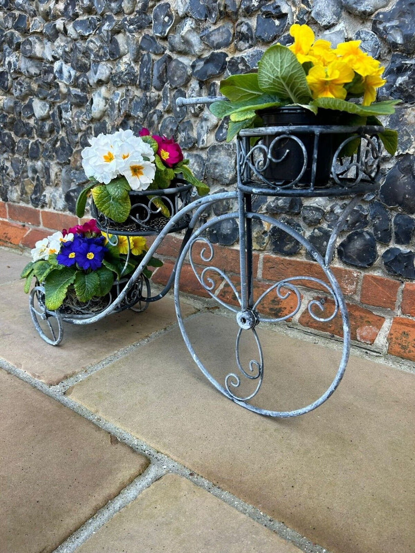 tricycle pot plant holder 3 Tier Trike Pot Holder – Grey-wash Metal Garden Planter for Flowers & Herbs – Garden Stall