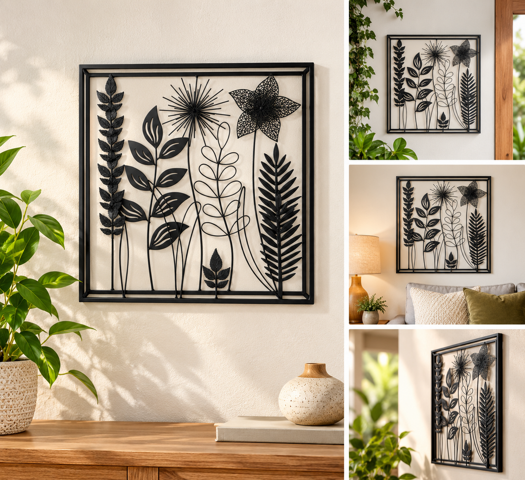 Black Metal Floral Wall Art Square Botanical Flower Leaf Hanging Home Decor Gift0