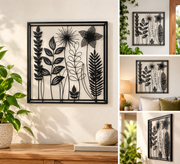 Black Metal Floral Wall Art Square Botanical Flower Leaf Hanging Home Decor Gift0