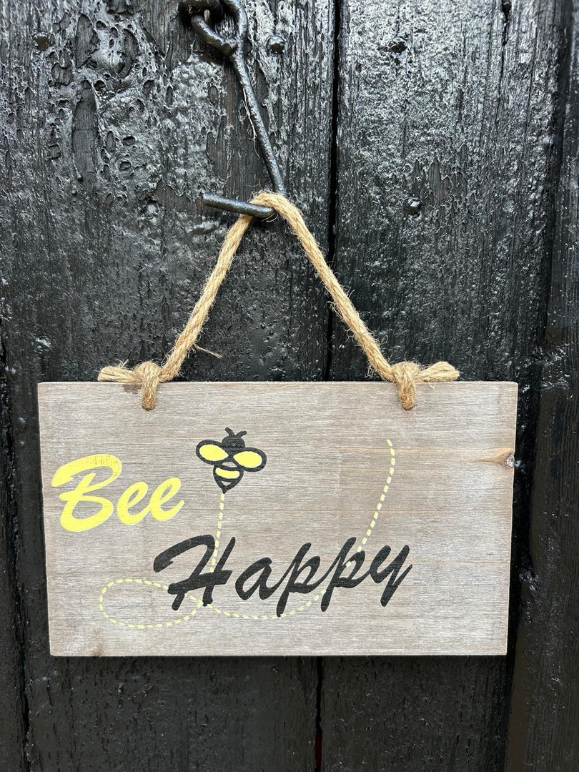 Bee Happy Wooden Garden Sign Hanging Plaque Notice Gift Love Nature Bumblebee3