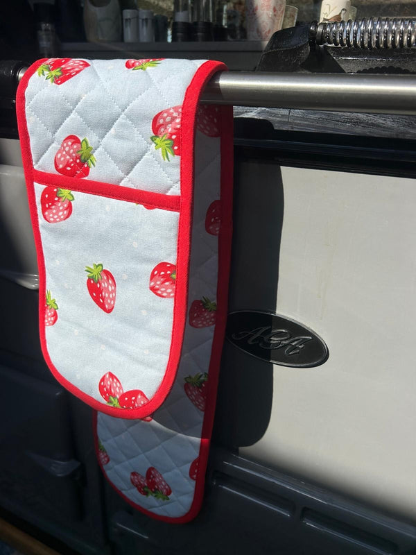 Summer Strawberry Blue Double Oven Glove Cooking Mitt Gloves 100% Cotton0