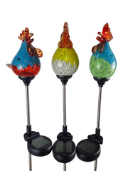 Set of 3 Solar Chicken Cockerel Lights Colourful Glass Garden Decor Stakes Gift18