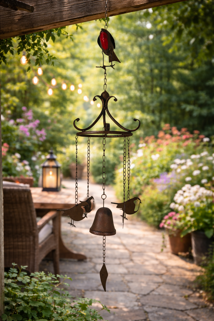 Rustic Metal Robin Hanging Windchime Garden Gift Decor Decoration Hanging Hook0