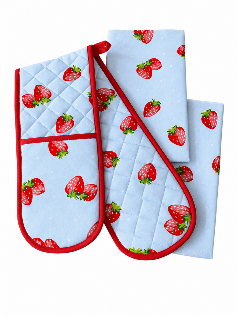 Summer Strawberry Tea Towel & Double Oven Glove Set Blue Kitchen 100% Cotton3
