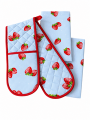 Summer Strawberry Tea Towel & Double Oven Glove Set Blue Kitchen 100% Cotton3