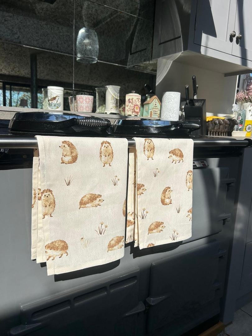 Happy Hedgehog Set Of Two Beige Kitchen Tea Towel 100% Cotton Kitchen Textiles0