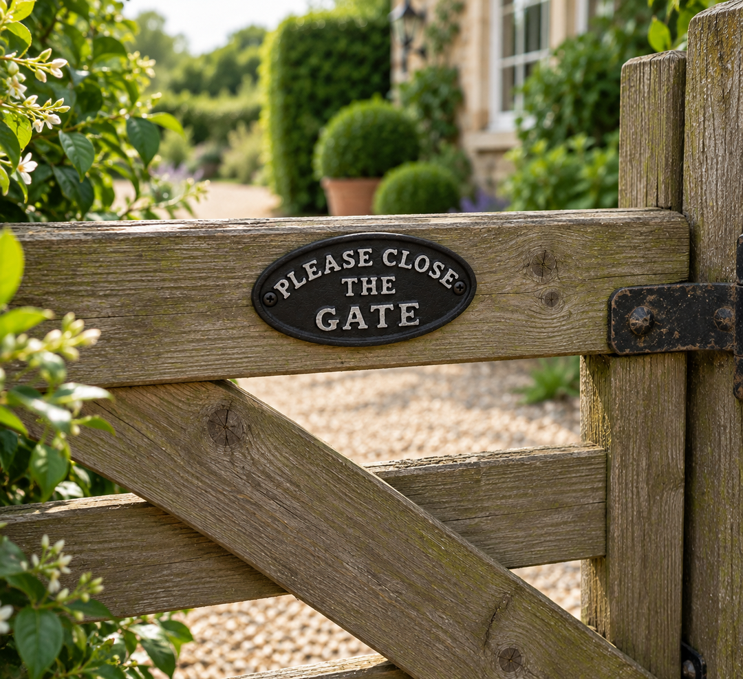 Please Close The Gate Cast Iron Metal Sign Notice Plaque Black & White Garden0
