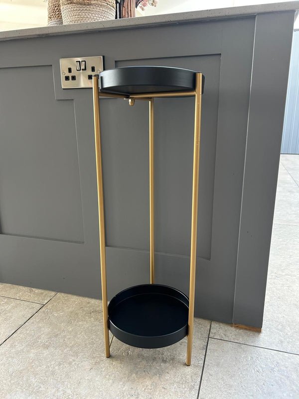 Tall Black & Gold Side Table Plant Pot Stand With 2 Trays Indoor Home Decor Tidy0