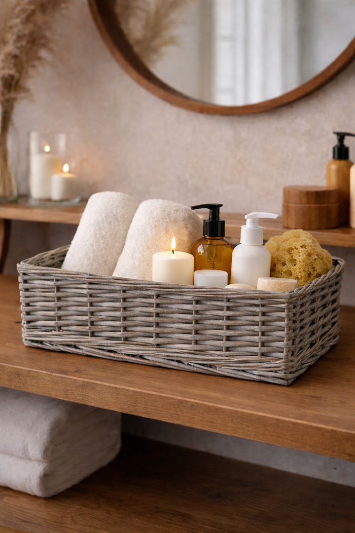 Shallow Wicker Storage Baskets Driftwood Wash Grey Kitchen Tidy No Liner