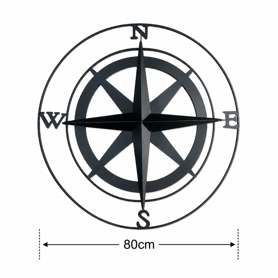 Large Compass Black Metal Garden Outdoor Wall Art Plaque 80cm Diameter