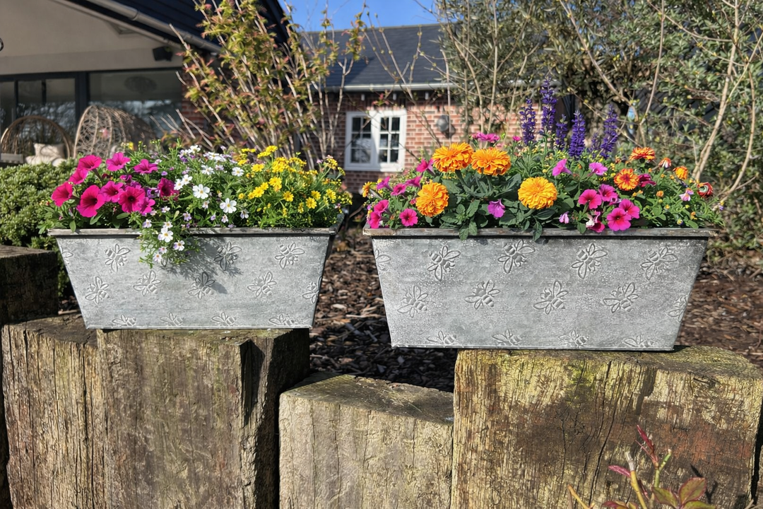 Set Of 2 Bee Zinc Rectangular Garden Planters Plant Herb Pot Embossed
