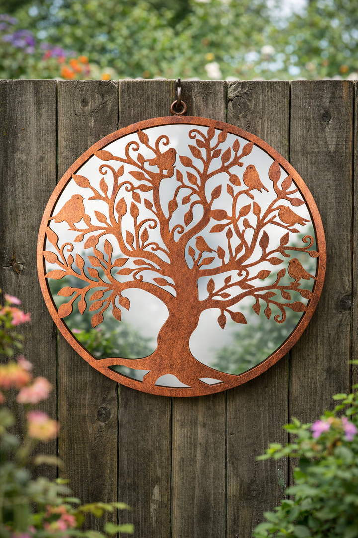50cm Mirrored Bronze Wall Art Birds In Tree Mirror Garden Home Gift Nature Decor