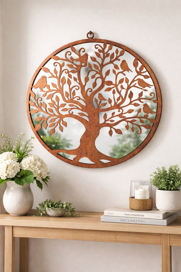 50cm Mirrored Bronze Wall Art Birds In Tree Mirror Garden Home Gift Nature Decor