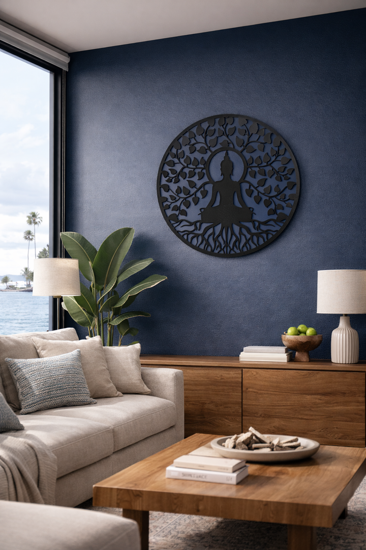 Black Buddha Metal Garden Outdoor Wall Art Plaque 50cm Diameter