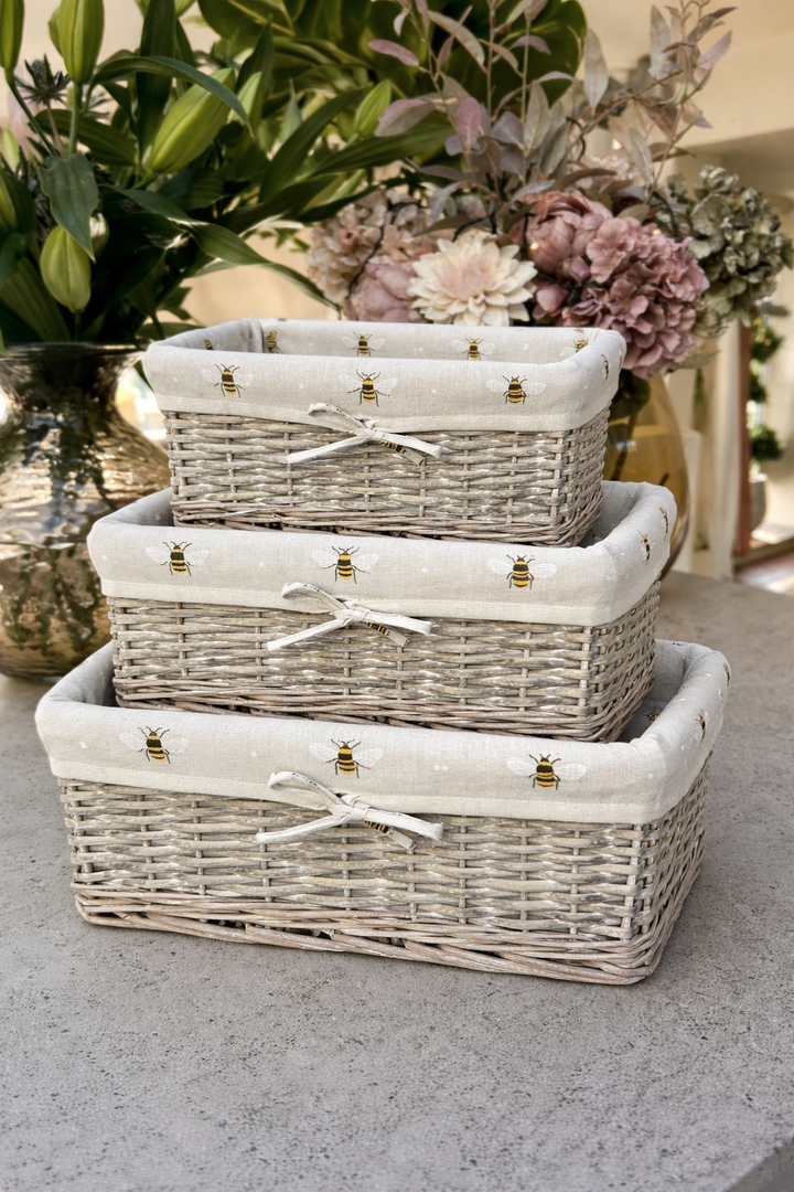 Shallow Wicker Storage Baskets with Bumblebee Bee Beige Liner Kitchen Tidy