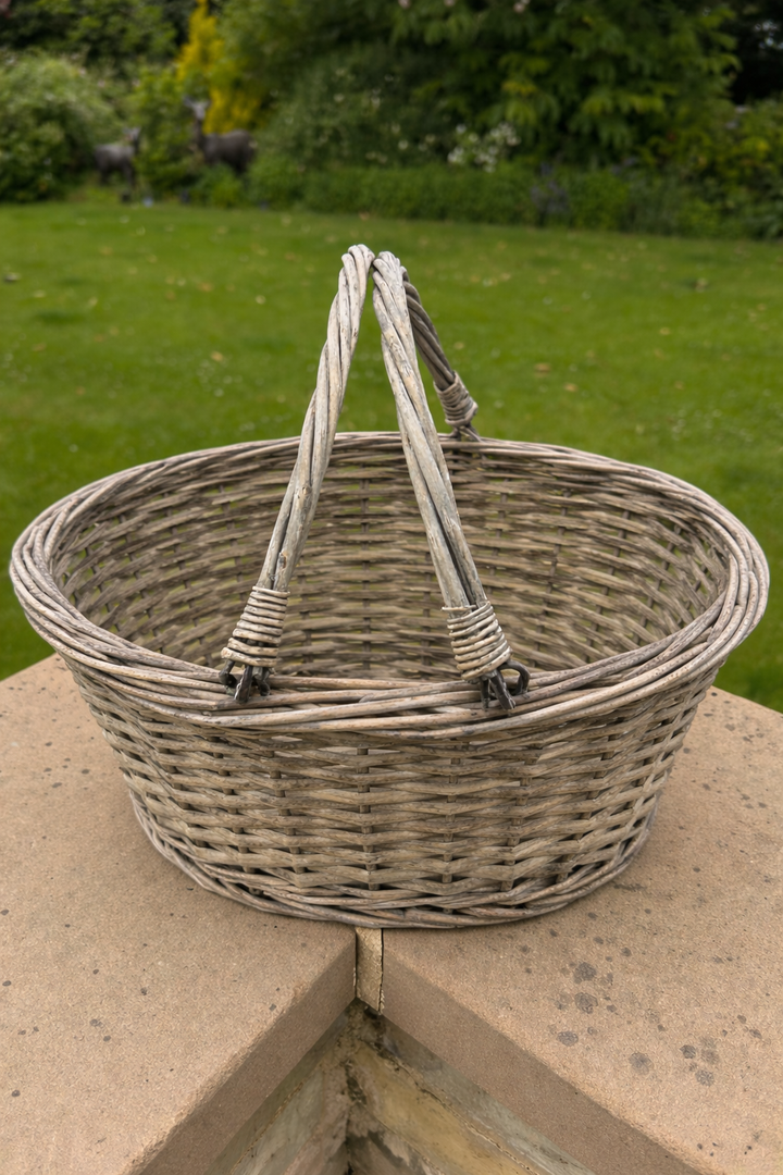 Grey Wicker Shopper Shopping Basket No Liner Fold Flat Handles