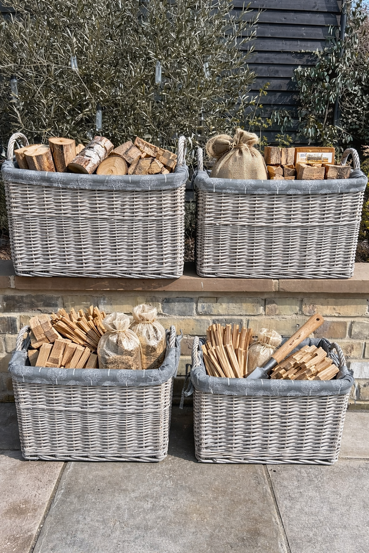 Rectangular Driftwood Wicker Log Fireside Storage Basket with Mulberry Liner