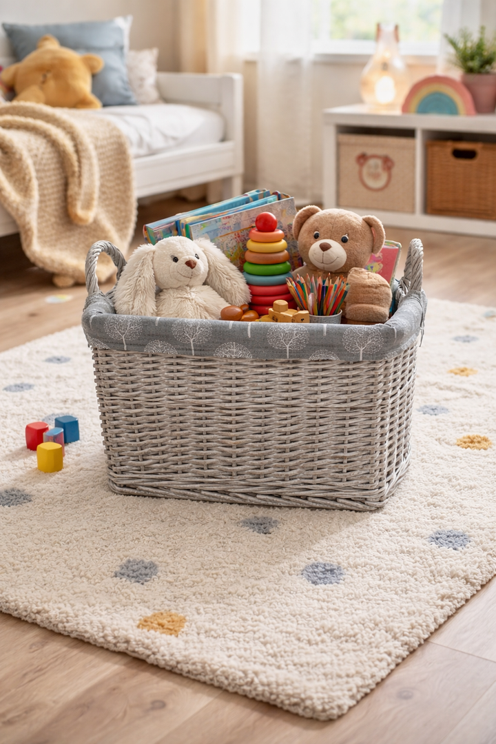 Rectangular Driftwood Wicker Log Fireside Storage Basket with Mulberry Liner