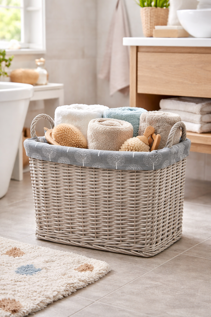 Rectangular Driftwood Wicker Log Fireside Storage Basket with Mulberry Liner