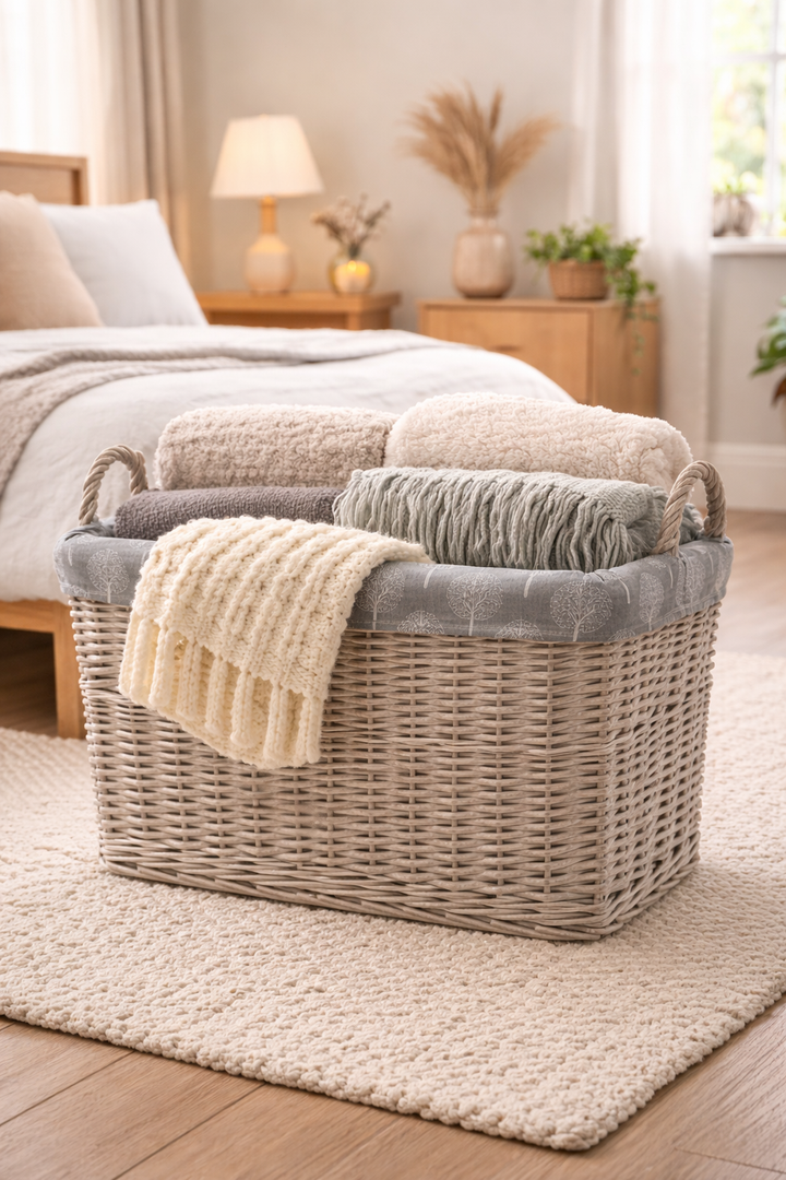 Rectangular Driftwood Wicker Log Fireside Storage Basket with Mulberry Liner