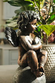 Bronze Effect Cherub With Heart Sitting Angel Garden Decoration Ornament
