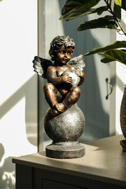 Bronze Effect Cherub With Heart Sitting Angel Garden Decoration Ornament