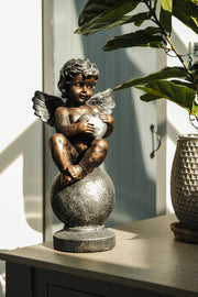 Bronze Effect Cherub With Heart Sitting Angel Garden Decoration Ornament