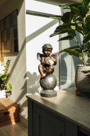 Bronze Effect Cherub With Heart Sitting Angel Garden Decoration Ornament