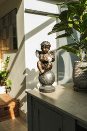 Bronze Effect Cherub With Heart Sitting Angel Garden Decoration Ornament