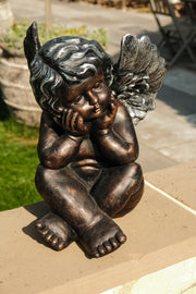 Bronze Effect Dreaming Sitting Down Cherub Angel Garden Decoration Ornament