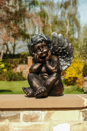 Bronze Effect Dreaming Sitting Down Cherub Angel Garden Decoration Ornament