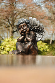 Bronze Effect Dreaming Sitting Down Cherub Angel Garden Decoration Ornament