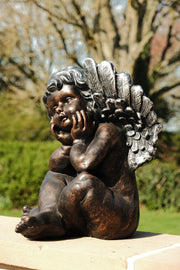 Bronze Effect Dreaming Sitting Down Cherub Angel Garden Decoration Ornament