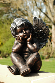 Bronze Effect Dreaming Sitting Down Cherub Angel Garden Decoration Ornament