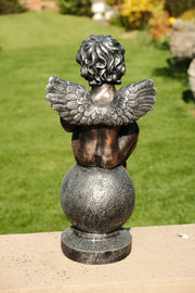 Bronze Effect Cherub With Heart Sitting Angel Garden Decoration Ornament