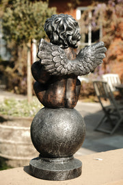 Bronze Effect Cherub With Heart Sitting Angel Garden Decoration Ornament