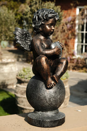 Bronze Effect Cherub With Heart Sitting Angel Garden Decoration Ornament