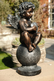Bronze Effect Cherub With Heart Sitting Angel Garden Decoration Ornament